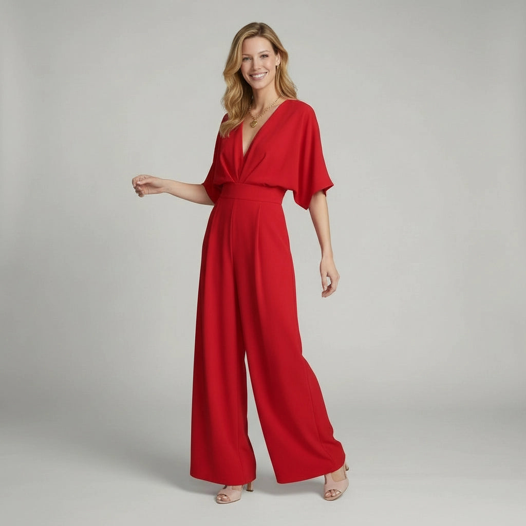 Eleganter Jumpsuit mit kurzen Ärmeln und V-Ausschnitt