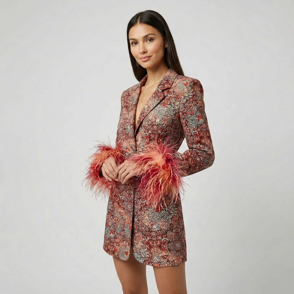 Blazerkleid mit V-Ausschnitt und Federn für Damen - mini