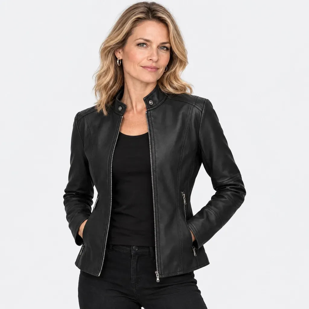 Kurze Jacke für Damen aus Kunstleder im Bikerstil Schwarz 11