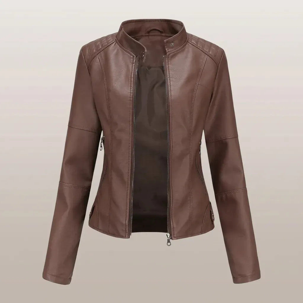Kurze Jacke für Damen aus Kunstleder im Bikerstil Braun 2