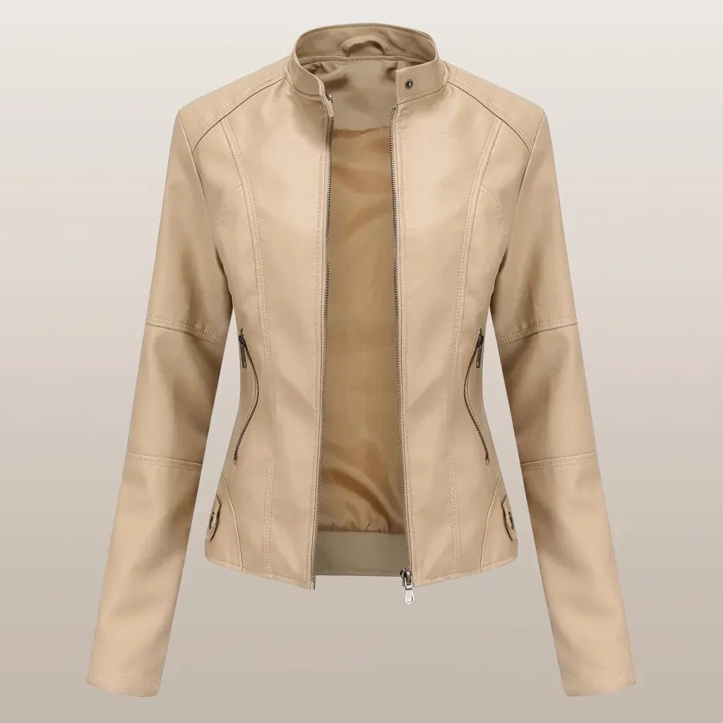 Kurze Jacke für Damen aus Kunstleder im Bikerstil Beige 5