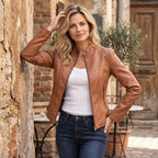 Kurze Jacke für Damen aus Kunstleder im Bikerstil Khaki 6