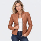 Kurze Jacke für Damen aus Kunstleder im Bikerstil Khaki 7