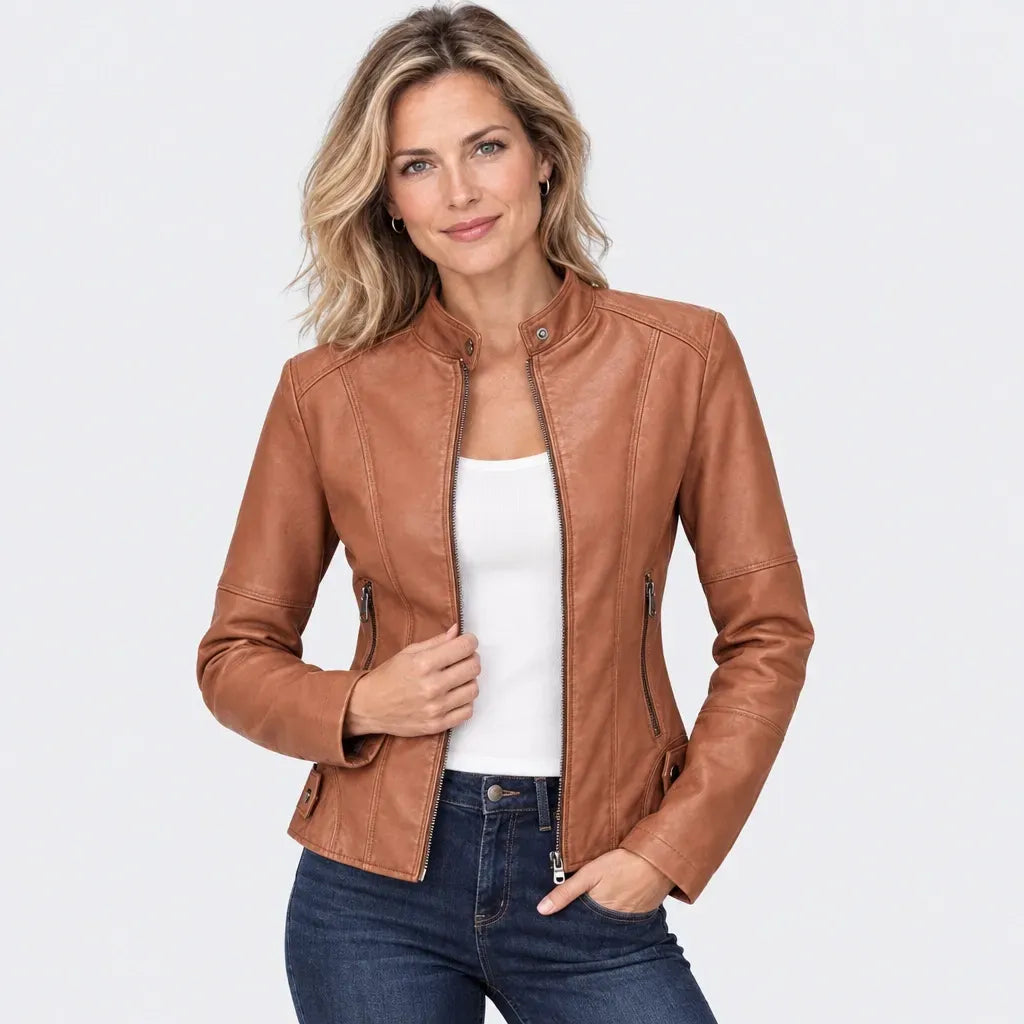 Kurze Jacke für Damen aus Kunstleder im Bikerstil Khaki 7