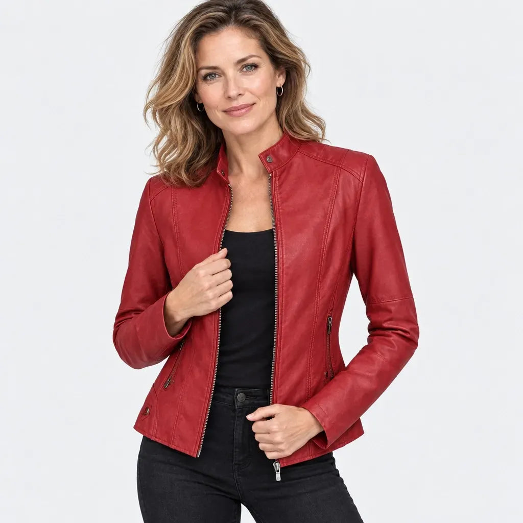 Kurze Jacke für Damen aus Kunstleder im Bikerstil Rot 8