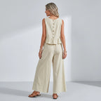 Lässiger Damen-Zweiteiler aus Leinen mit weiter Hose Beige 1