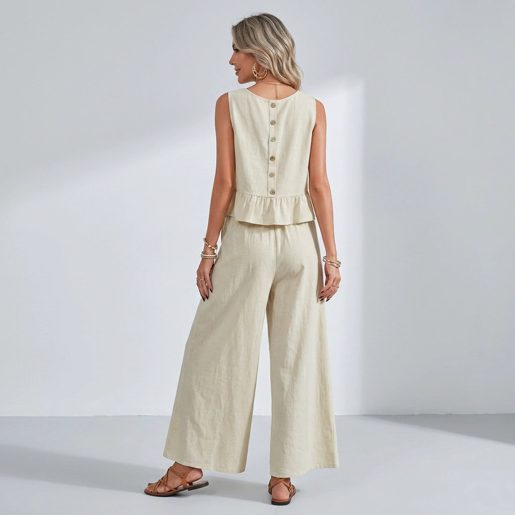 Lässiger Damen-Zweiteiler aus Leinen mit weiter Hose Beige 1