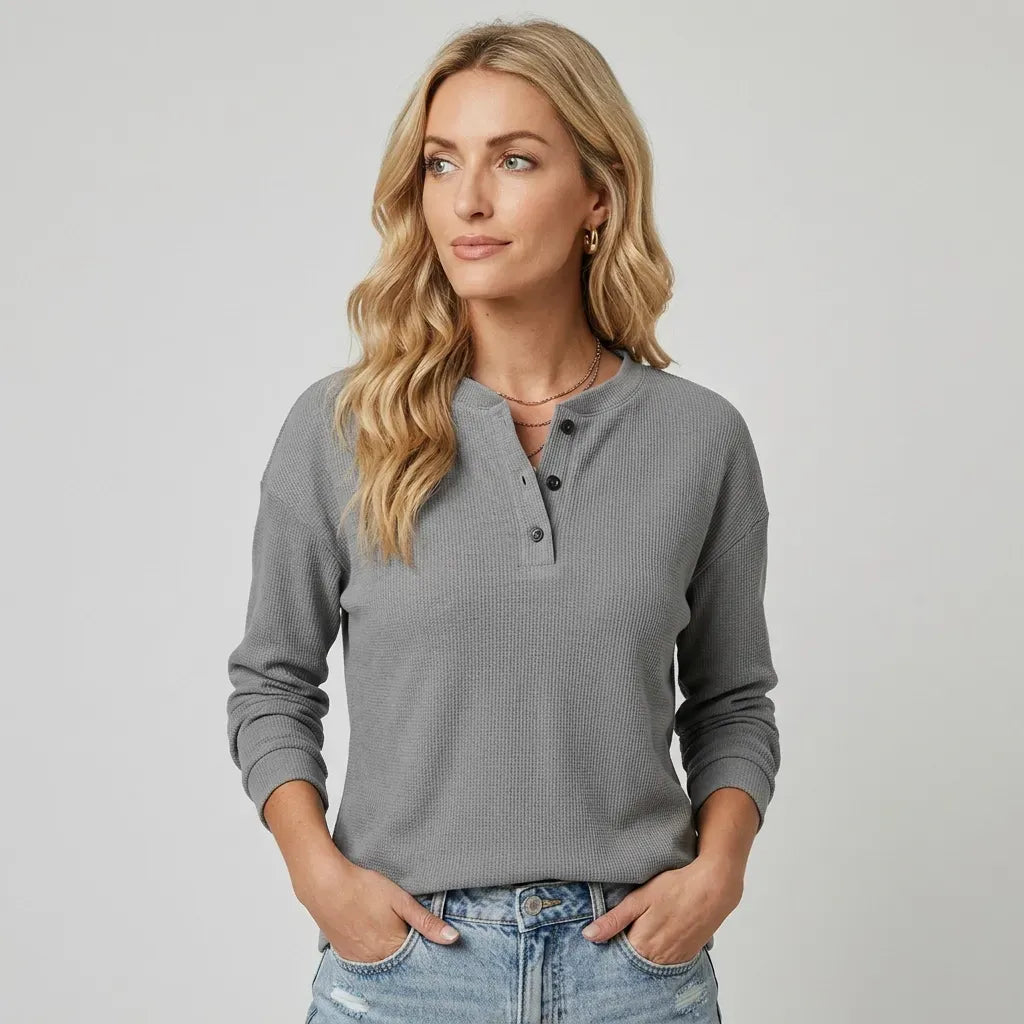 Langarmshirt für Damen aus Baumwolle mit Waffelmuster im lockeren Schnitt Grau 4