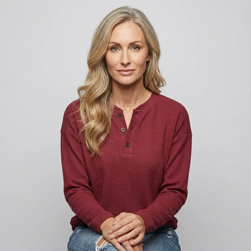 Langarmshirt für Damen aus Baumwolle mit Waffelmuster im lockeren Schnitt Bordeaux 5