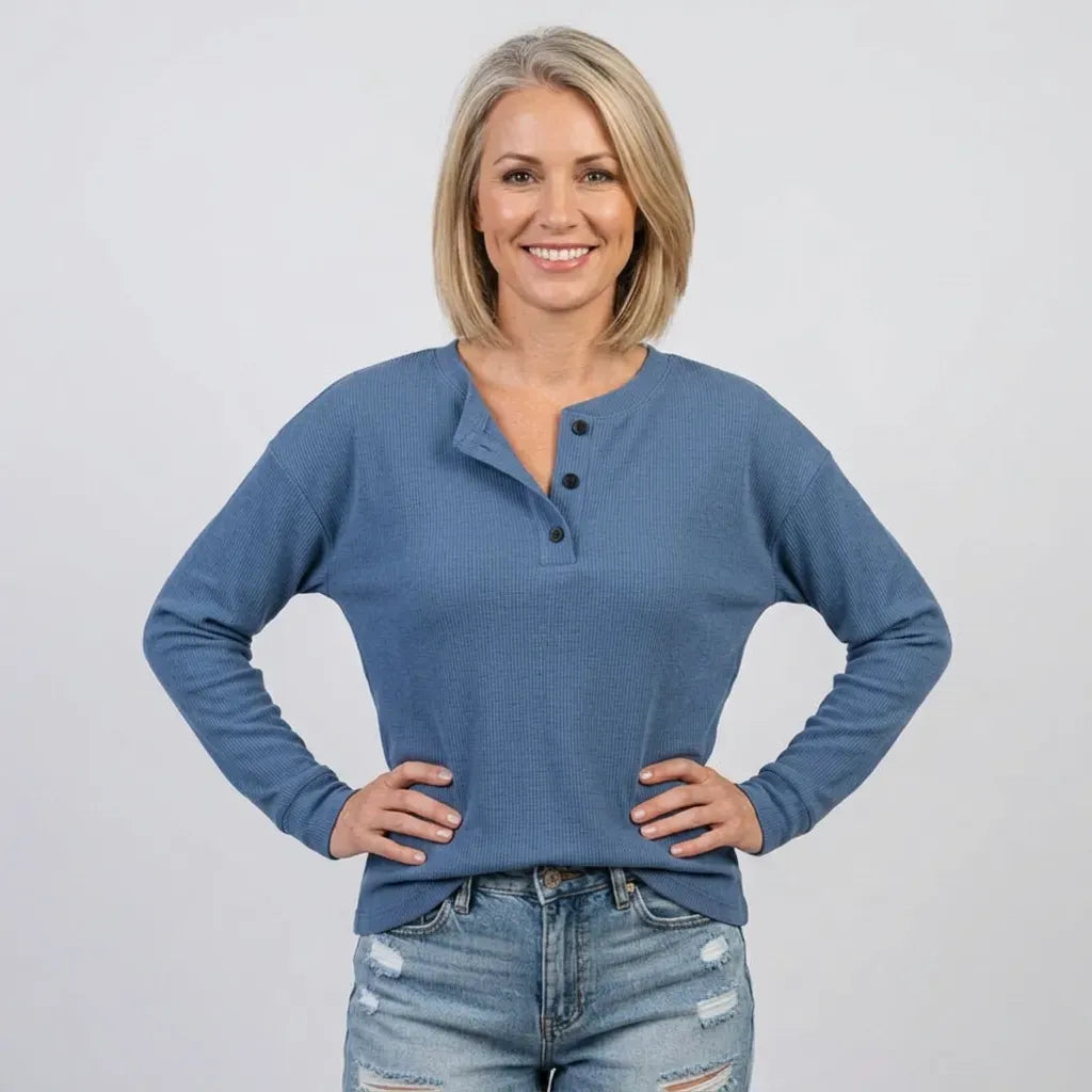 Langarmshirt für Damen aus Baumwolle mit Waffelmuster im lockeren Schnitt Blau 7