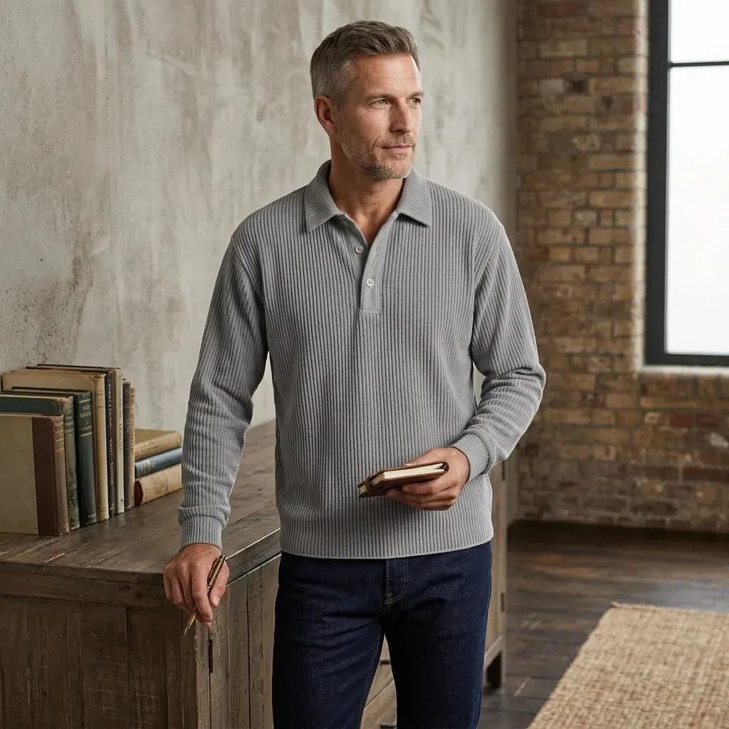 Langarmshirt für Herren im lockeren Schnitt mit Knopfleiste im eleganten Stil Grau 1