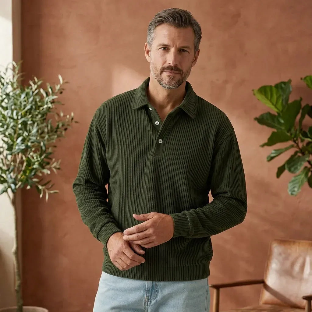 Langarmshirt für Herren im lockeren Schnitt mit Knopfleiste im eleganten Stil Grün 2
