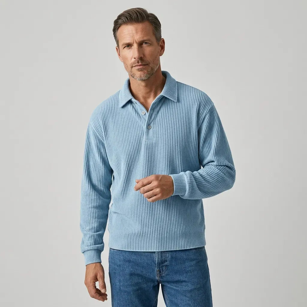 Langarmshirt für Herren im lockeren Schnitt mit Knopfleiste im eleganten Stil Hellblau 3
