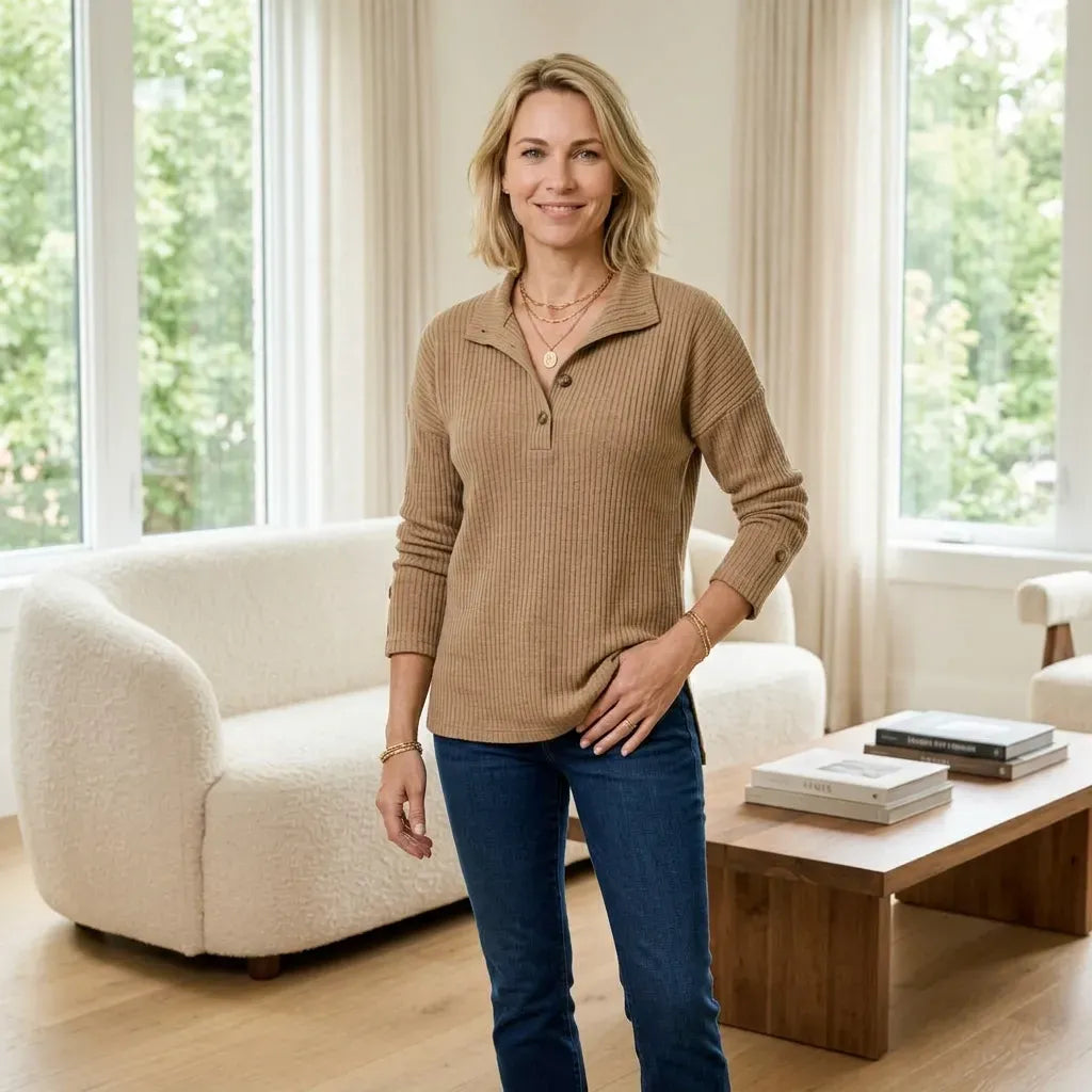 Langarmshirt für Damen in lockerer Passform mit Knopfleiste im eleganten Stil Khaki 1
