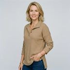 Langarmshirt für Damen in lockerer Passform mit Knopfleiste im eleganten Stil Khaki 4