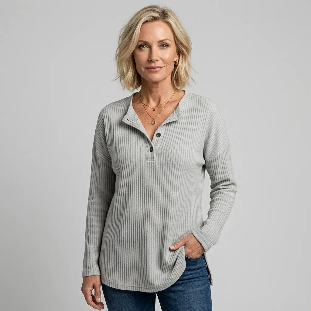 Langarmshirt für Damen in lockerer Passform mit Knopfleiste im eleganten Stil Grau 5