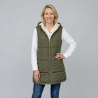 Lange Weste für Damen im Stepp-Design mit Kapuze in ärmelloser Form Olive 8