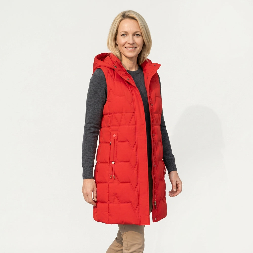 Lange Weste für Damen mit Kapuze in taillierter Form für den Herbst Rot 5