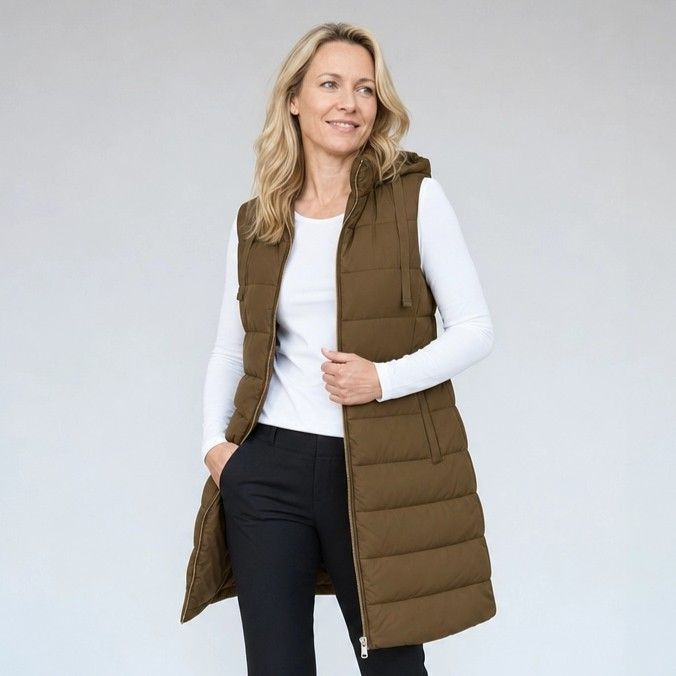 Lange Weste für Damen mit Kapuze in warmer Ausführung als Steppweste Khaki 10