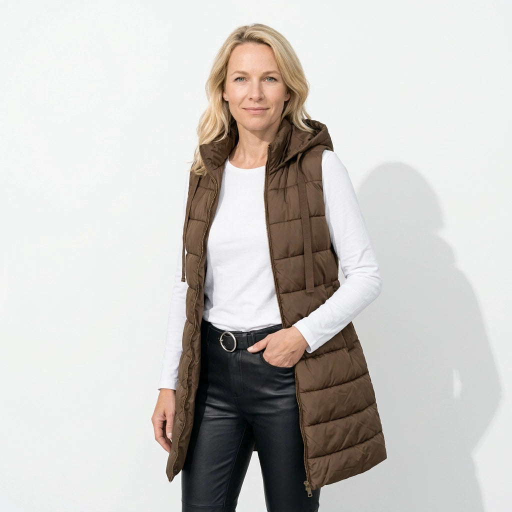 Lange Weste für Damen mit Kapuze in warmer Ausführung als Steppweste Braun 3