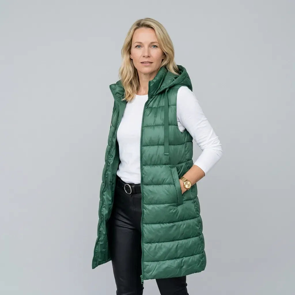 Lange Weste für Damen mit Kapuze in warmer Ausführung als Steppweste Grün 7