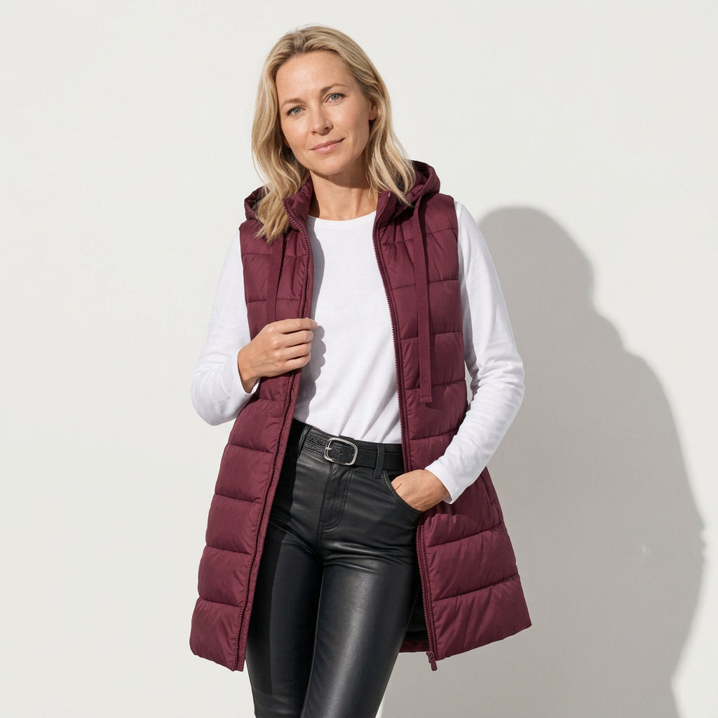 Lange Weste für Damen mit Kapuze in warmer Ausführung als Steppweste Bordeaux 8