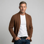 Langer Cardigan für Herren mit Schalkragen aus Feinstrick im eleganten Stil Braun 4