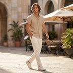 Leinenhemd für Herren in Kurzarm mit Stehkragen für den Sommer Beige 1