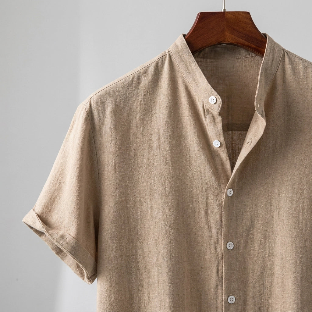 Leinenhemd für Herren in Kurzarm mit Stehkragen für den Sommer Beige 3