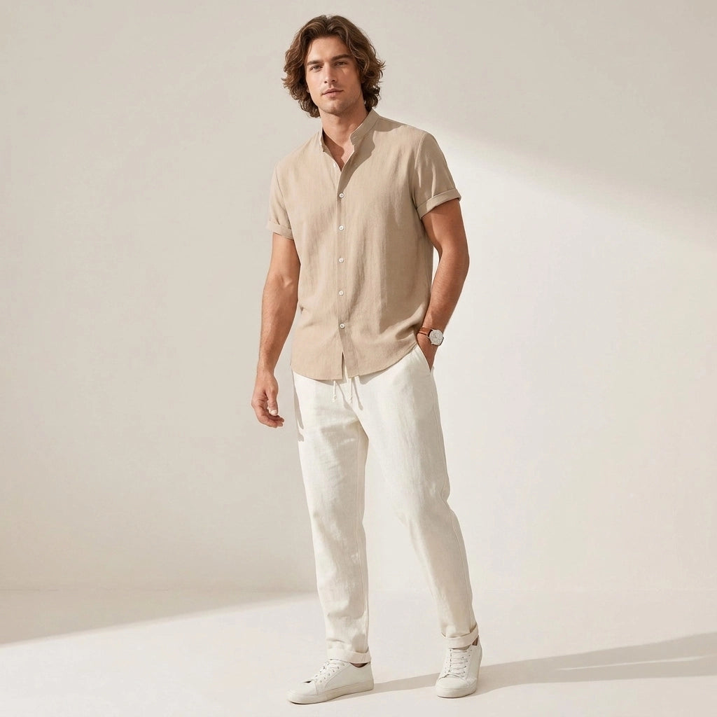Leinenhemd für Herren in Kurzarm mit Stehkragen für den Sommer Beige 4
