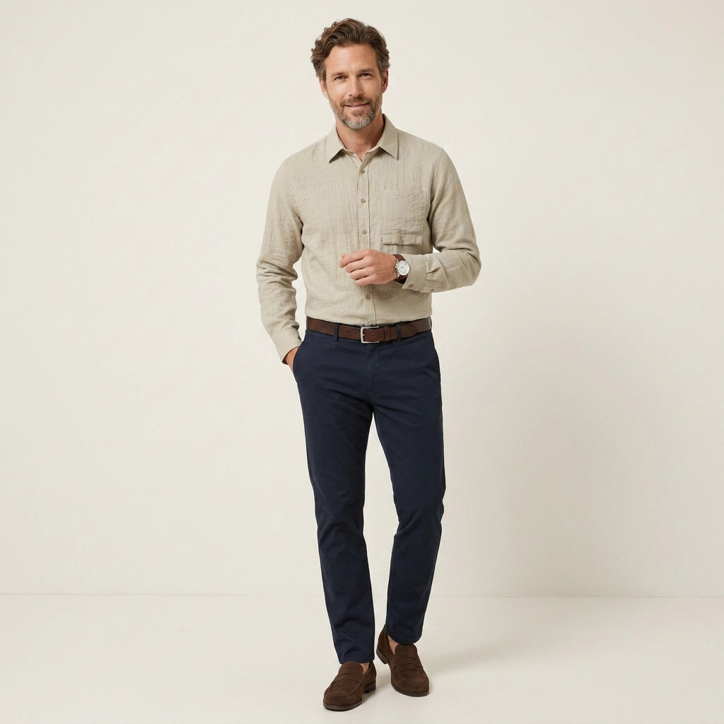 Leinenhemd für Herren in langer Form im Regular Fit für den Sommer Beige 5