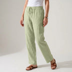Leinenhose für Damen mit weitem Bein mit Gummibund für den Sommer Grün 2