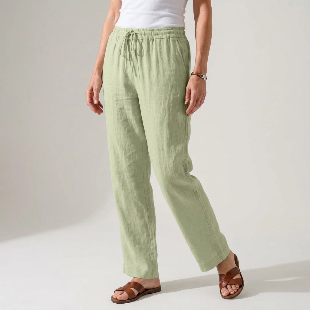Leinenhose für Damen mit weitem Bein mit Gummibund für den Sommer Grün 2