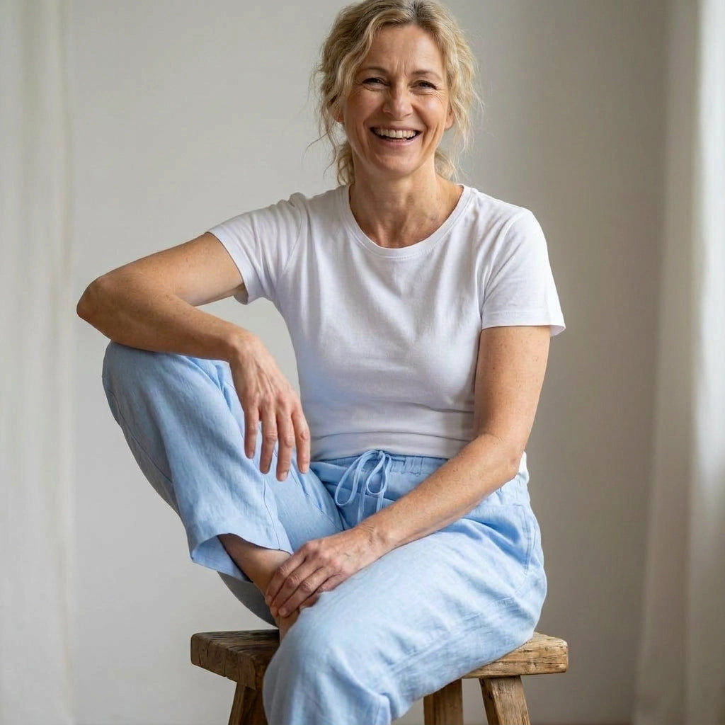 Eine Frau sitzt auf einem Holzhocker und trägt ein weißes T-Shirt sowie eine hellblaue Leinenhose