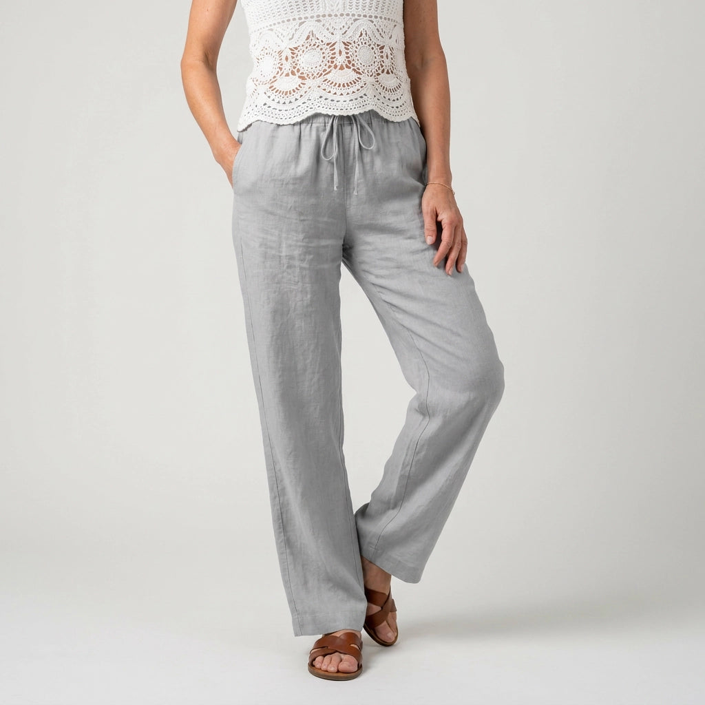 Leinenhose für Damen mit weitem Bein mit Gummibund für den Sommer Grau 4