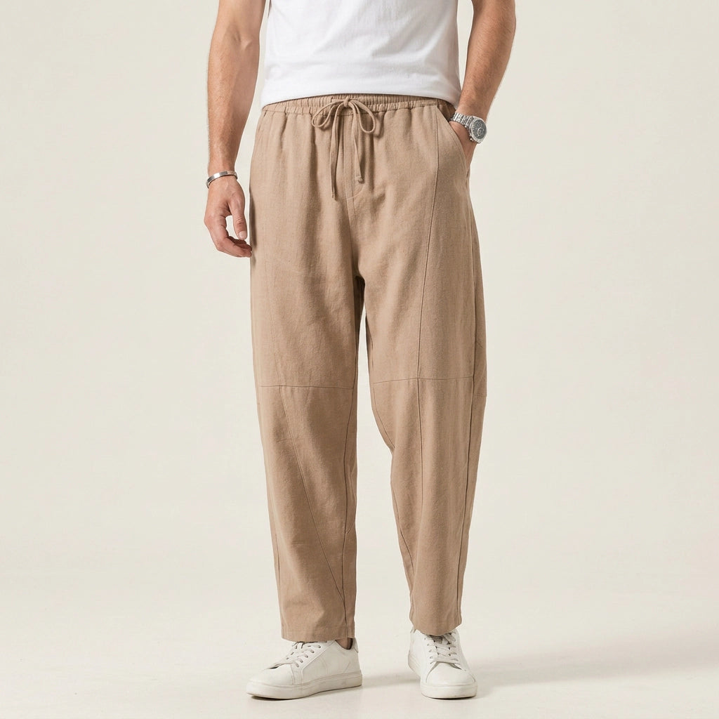 Leinenhose für Herren Tapered mit Kordelzug Khaki 4