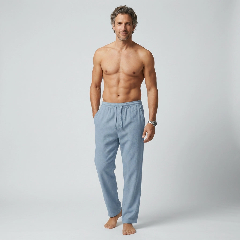 Leinenhose für Herren mit weitem Bein mit Kordelzug Blau 3