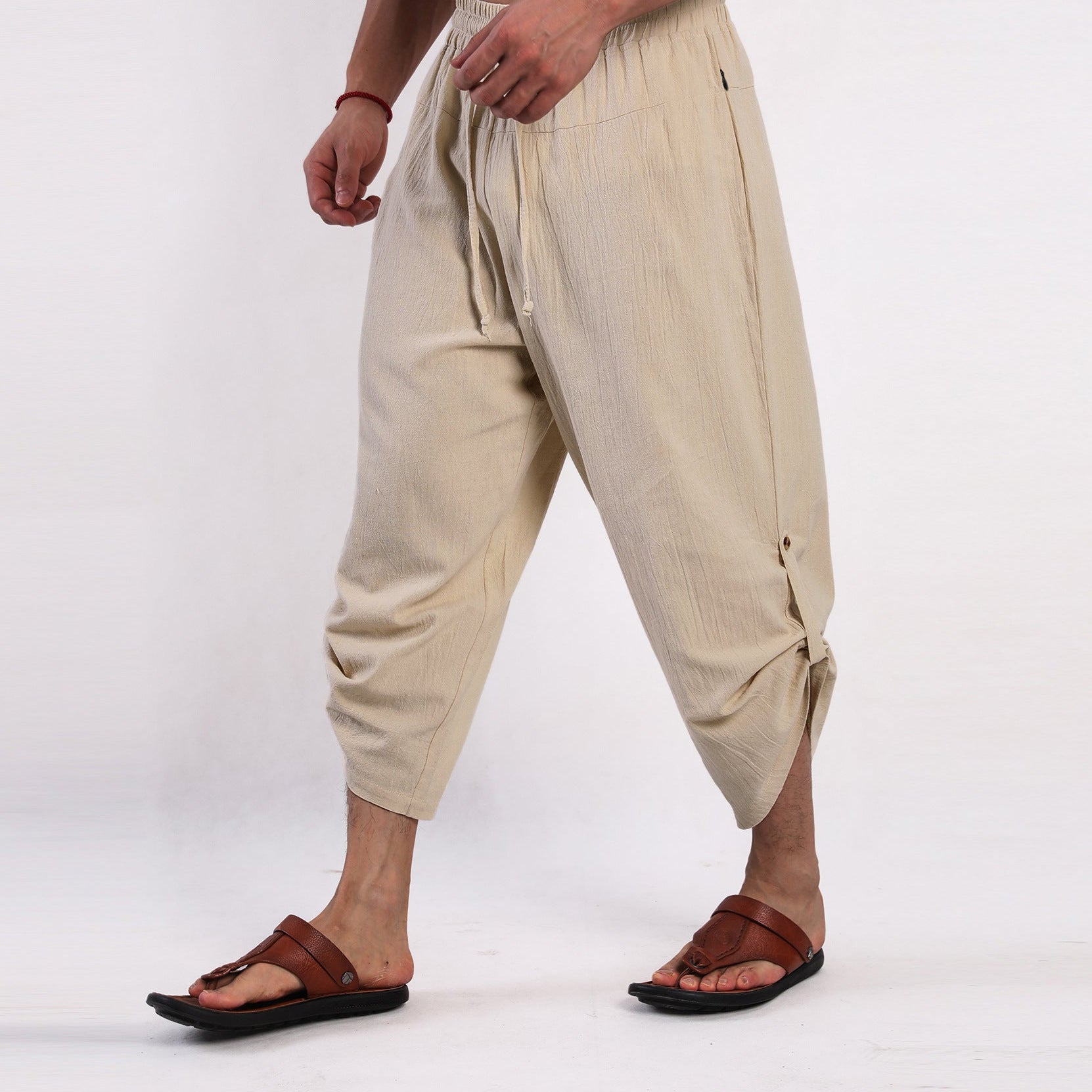 Schlupf-Sommerhose für Herren mit weitem Bein und Kordelzug Beige 7