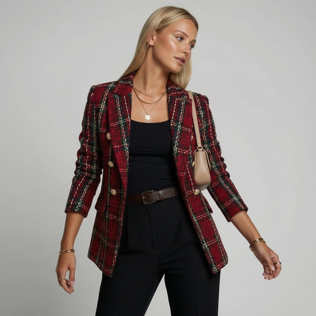 Oversize Blazer für Damen aus Tweed mit Karomuster in leichter Taillierung