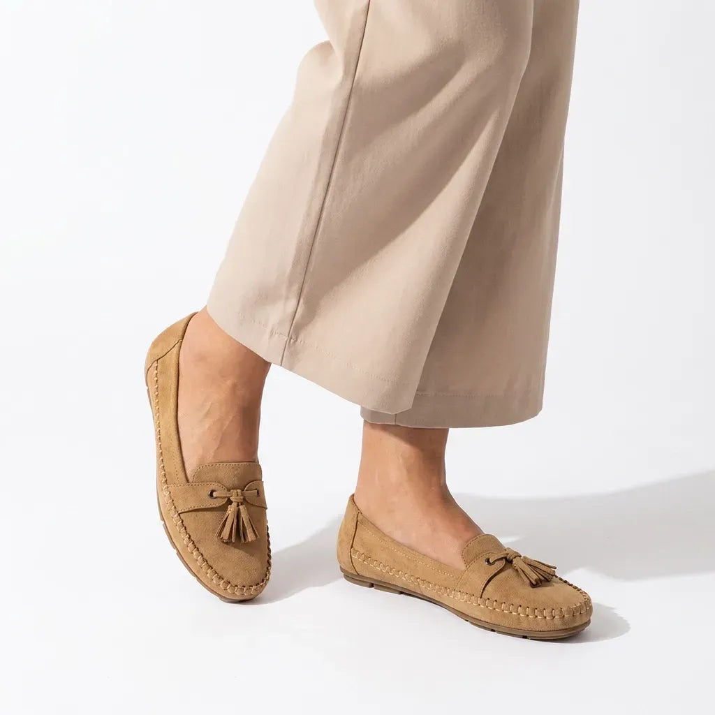 Mokassins für Damen mit flachem Absatz und Quasten Khaki 2