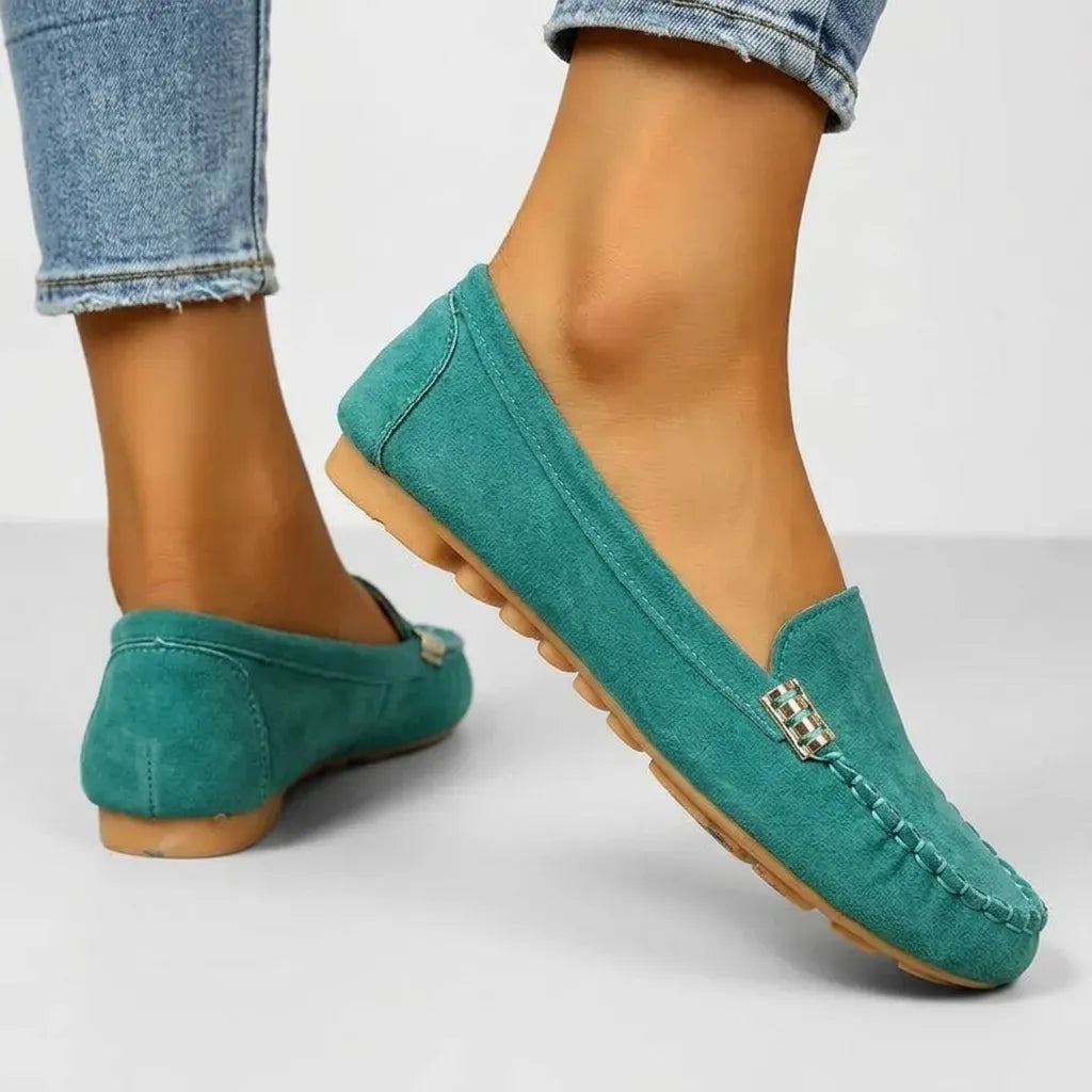 Komfortable Mokassins für Damen mit Goldspange und flexibler Noppensohle Türkis 7