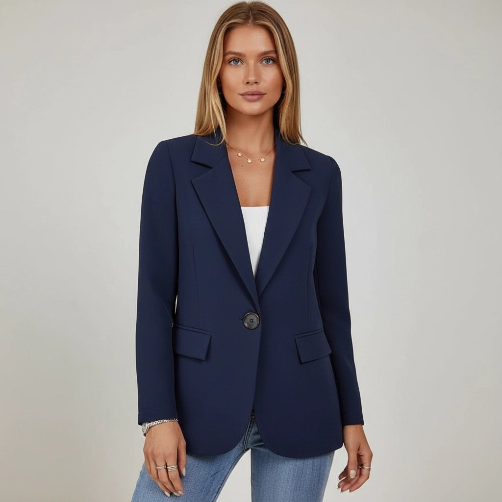 Damenblazer im klassischen Schnitt mit weitem Reverskragen und Einknopf