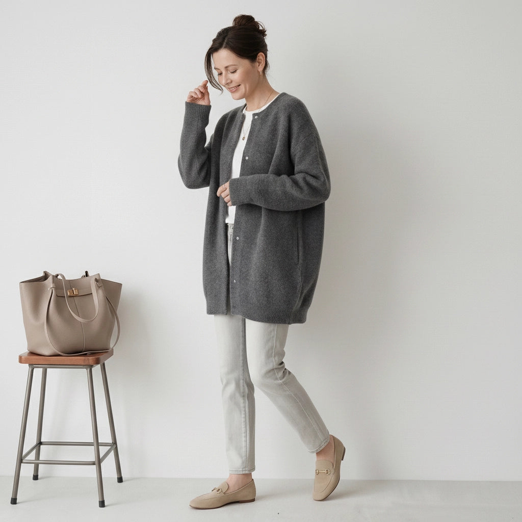 Langer Cardigan für Damen ohne Kragen im Relaxed Fit