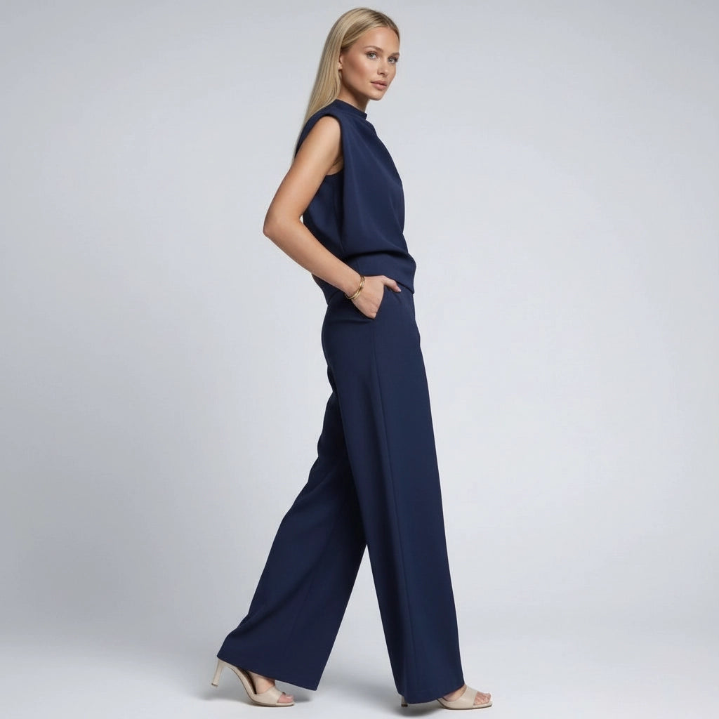 Weites Set im Jumpsuit Design mit Kurzarm Oberteil und Hohem Kragen