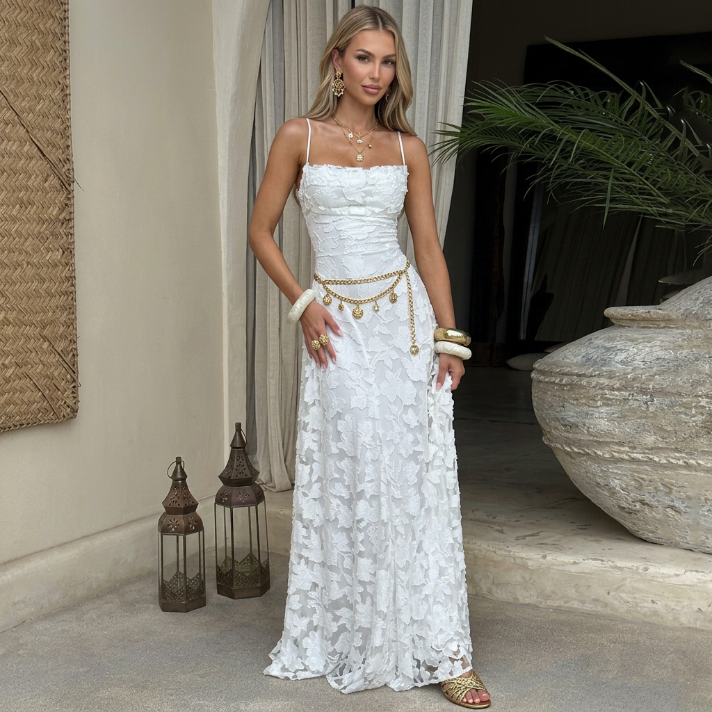 Maxikleid für Damen bodenlang in A-Linie elegant Weiß 3