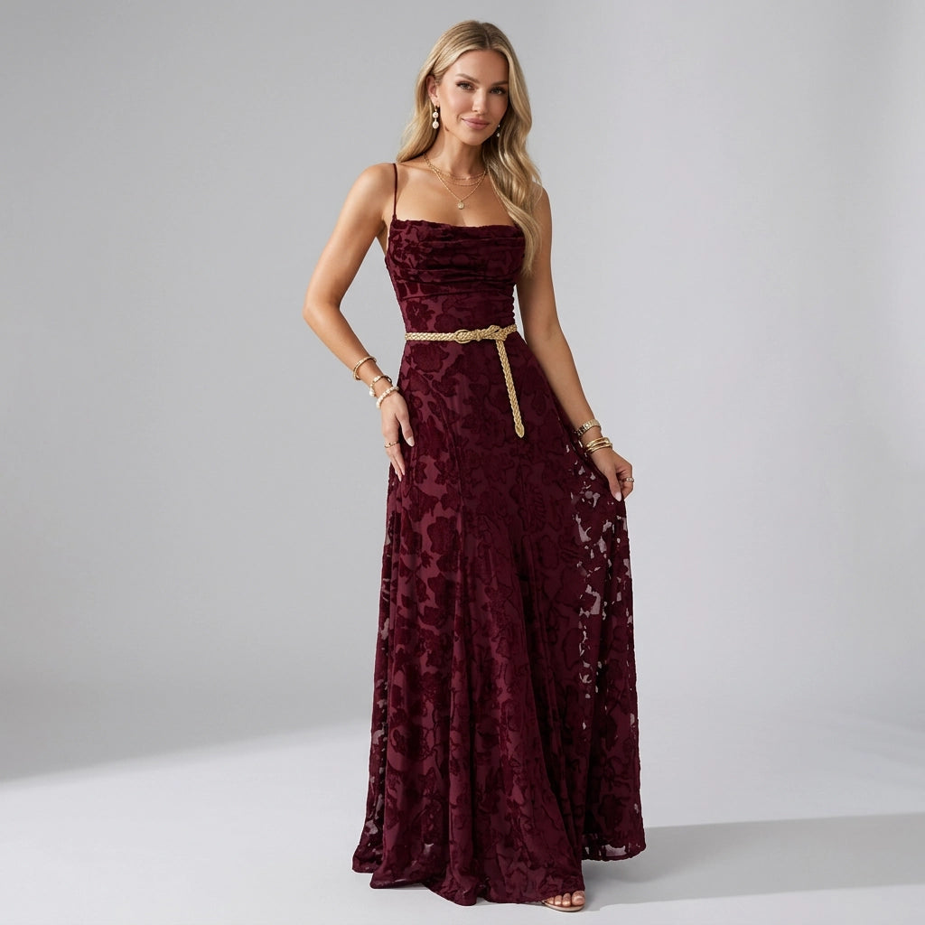 Maxikleid für Damen bodenlang in A-Linie elegant Dunkelrot 5