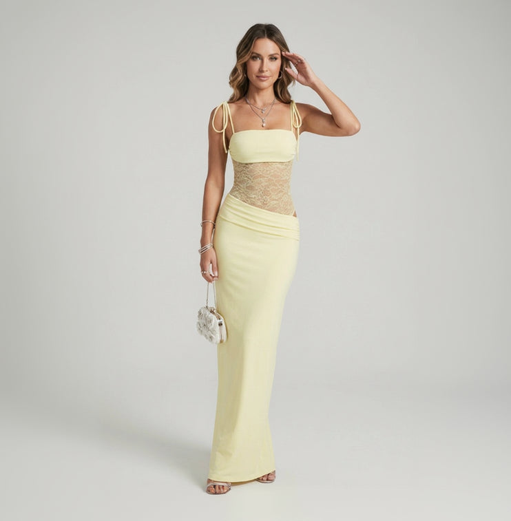 Maxikleid für Damen im Bodycon-Stil mit Cut Outs und Spitze Gelb 8