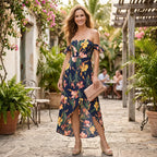 Maxikleid für Damen im Off Shoulder Stil mit Schlitz in Blumenprint 1