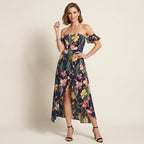 Maxikleid für Damen im Off Shoulder Stil mit Schlitz in Blumenprint Dunkelblau 2