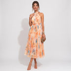 Maxikleid für Damen in A-Linie aus Chiffon mit Blumenprint Koralle 2